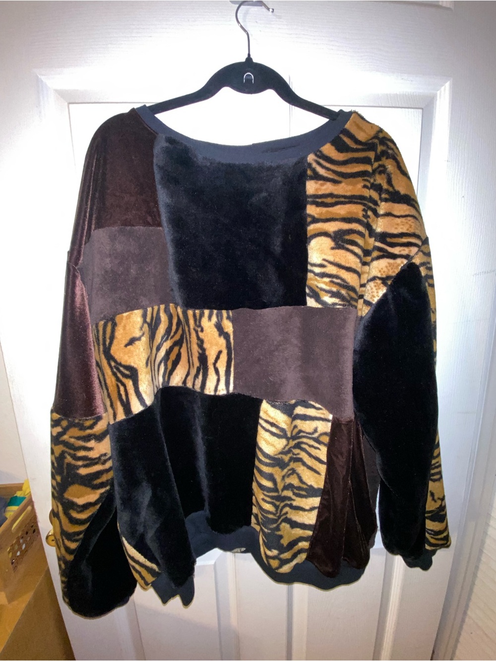 Upcycled Patchwork Tiger Print Crewneck Sweatshirt 2X